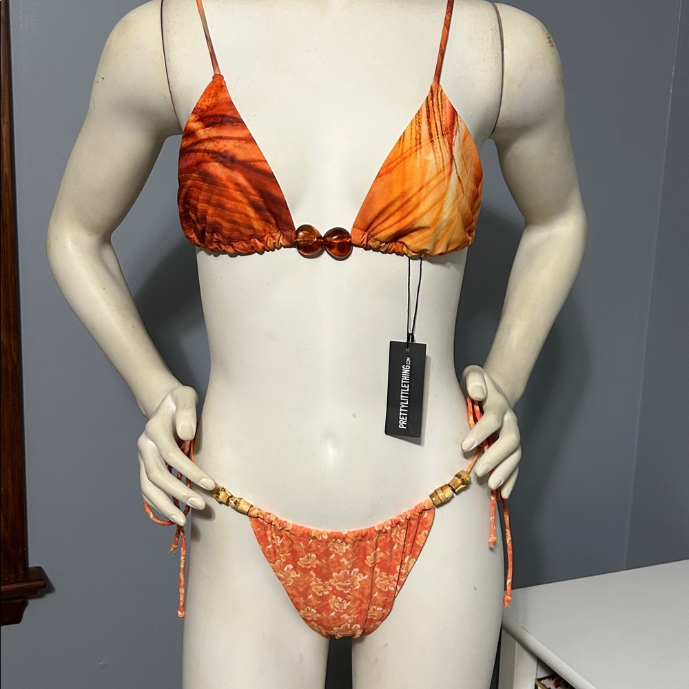 NWT PrettyLittleThing Orange Rust Floral Abstract Print Bikini
